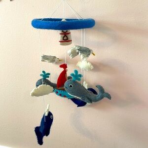 Mobile Felt with Whales Seagulls Boat Lighthouse Nursery Nautical handmade